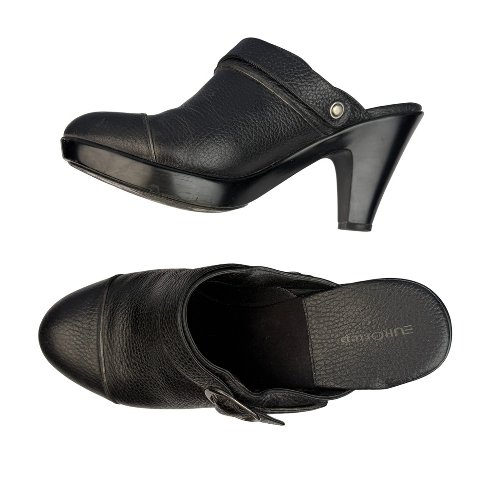 EUROstep Leather Heeled Clog 9.5M Mules Black Platform Slip On‎ Buckle Strap